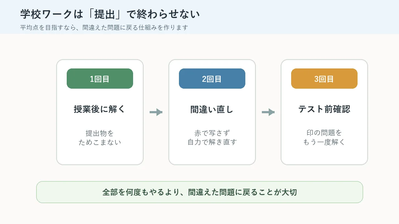 学校ワークを授業後、間違い直し、テスト前確認の3段階で使う流れ
