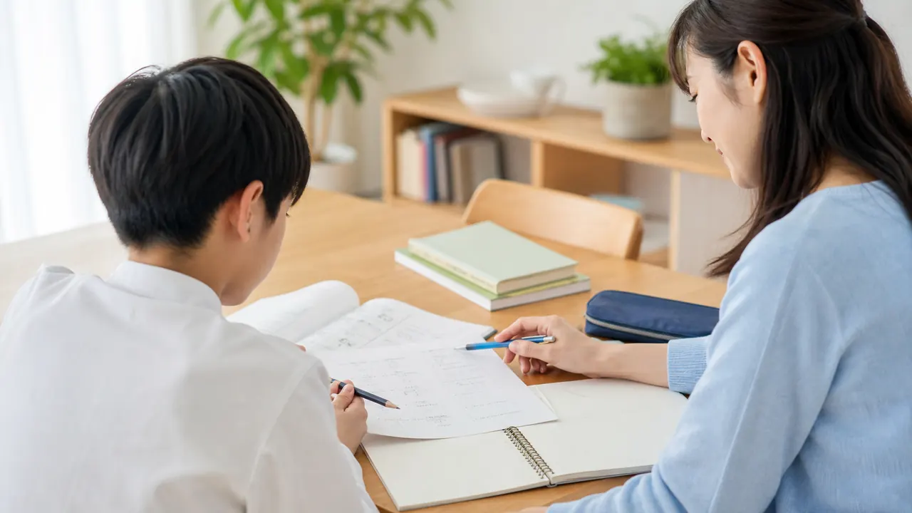定期テストで平均点に届かない中学生が答案と学習計画を確認している様子