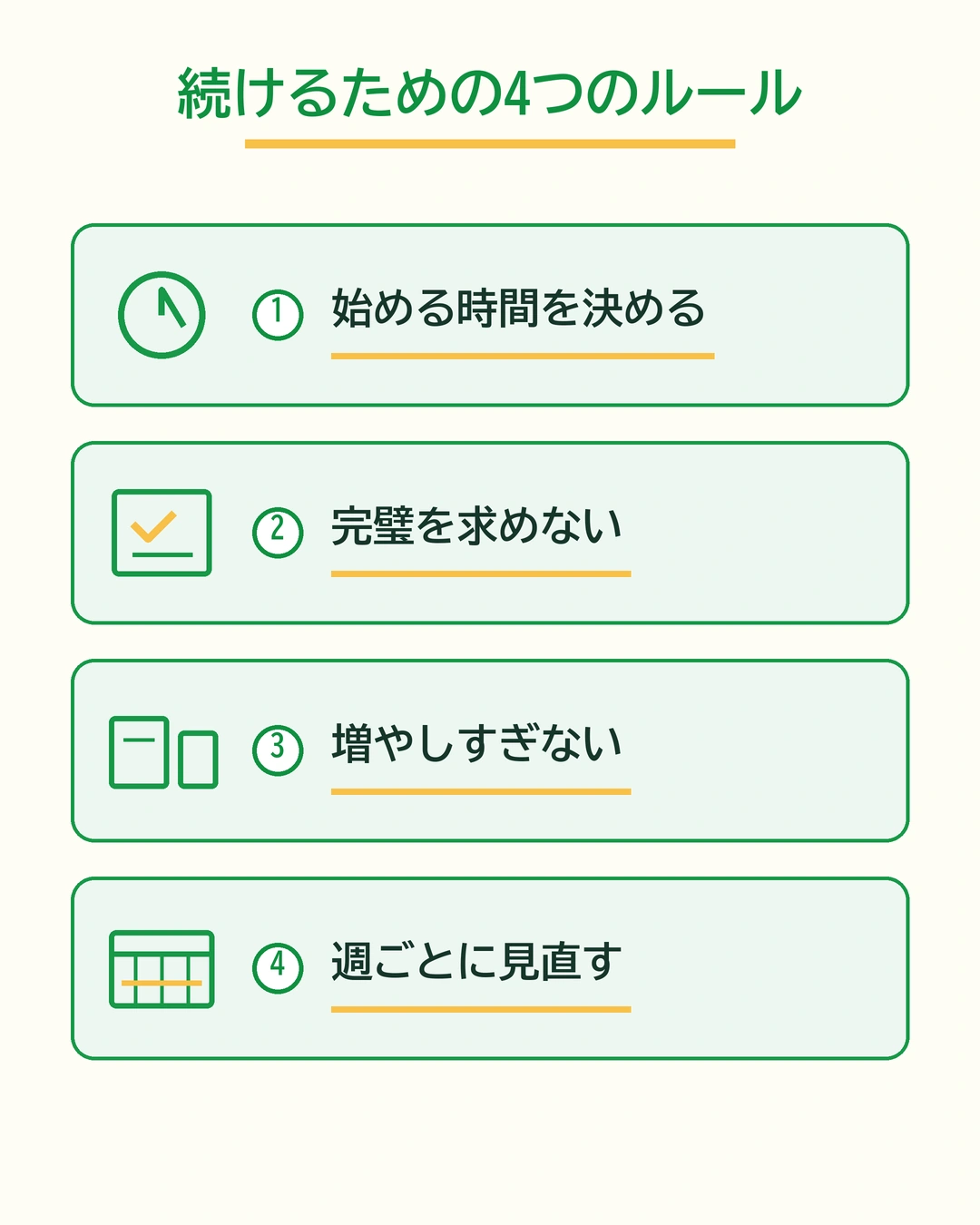 中学生が家庭学習を続けるための4つのルールを縦並びで整理した図解