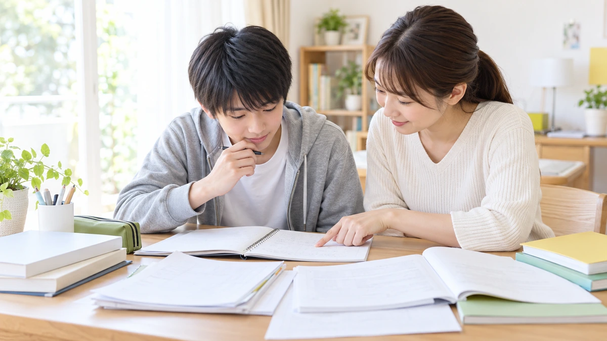 中学生が塾の教材と学校ワークを見ながら学習状況を整理している様子