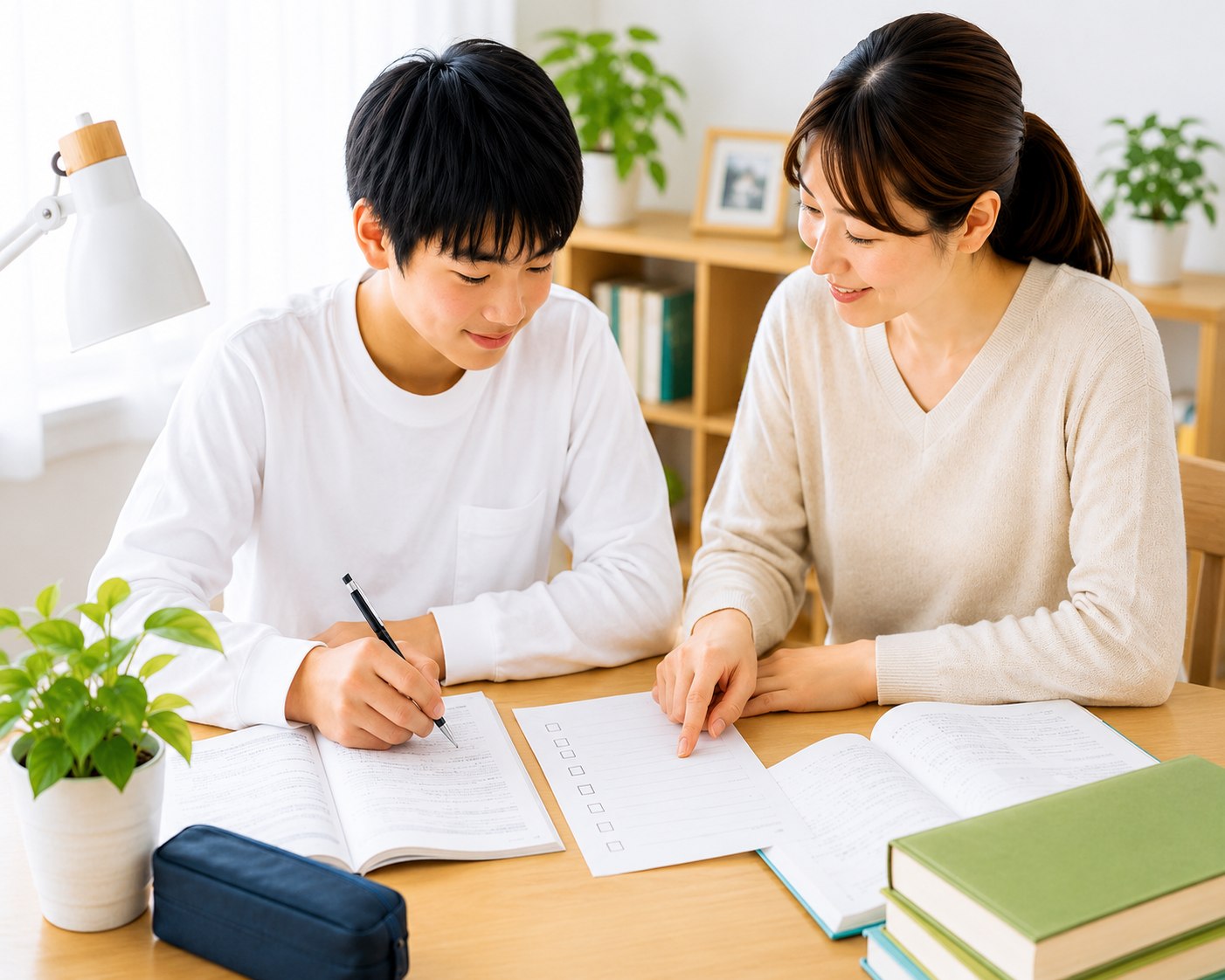 中学生が提出物を家庭教師と一緒に整理している様子