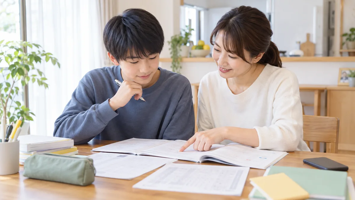 中学生が保護者とテスト勉強で最初に取り組む内容を整理している様子