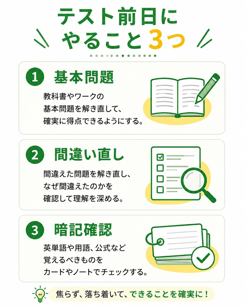 テスト前日にやること3つを縦並びで整理した図解