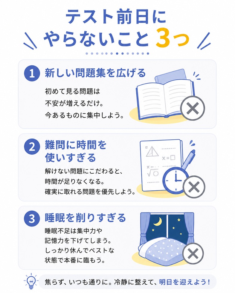 テスト前日に避けたい3つを縦並びで整理した図解