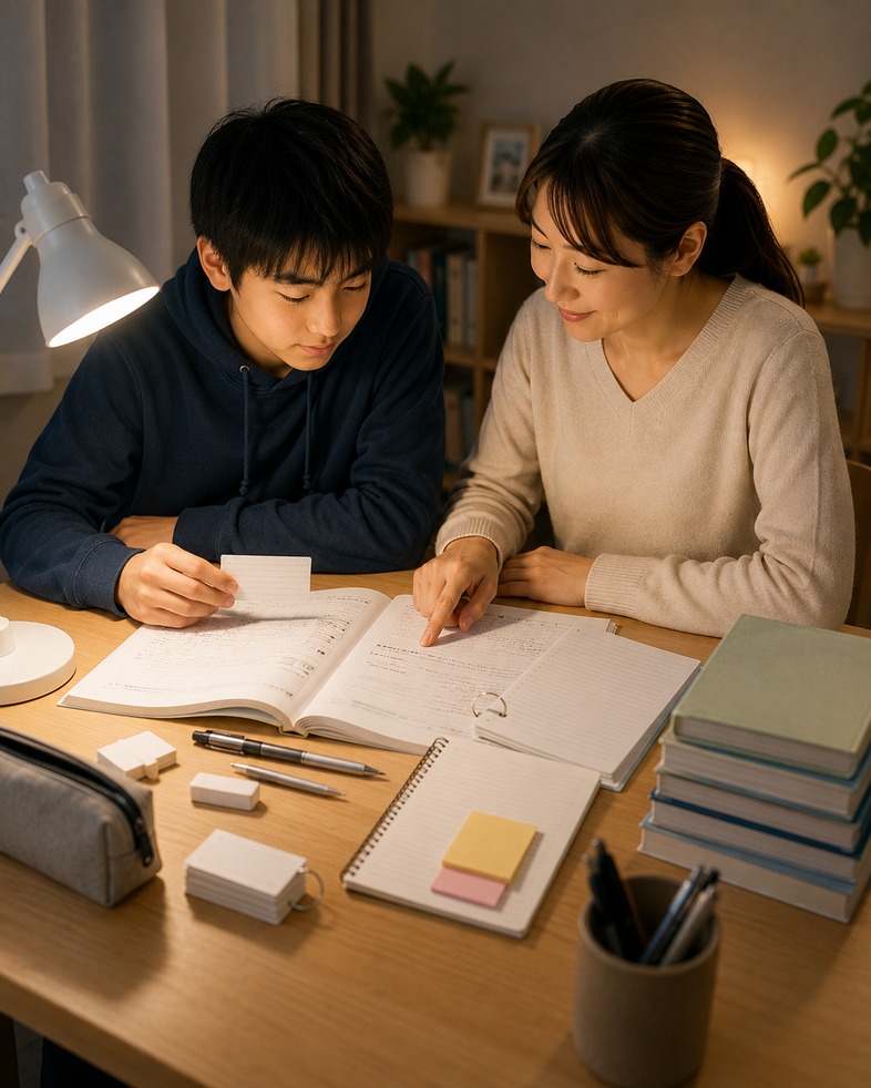 中学生がテスト前日に家庭教師と優先順位を確認している様子